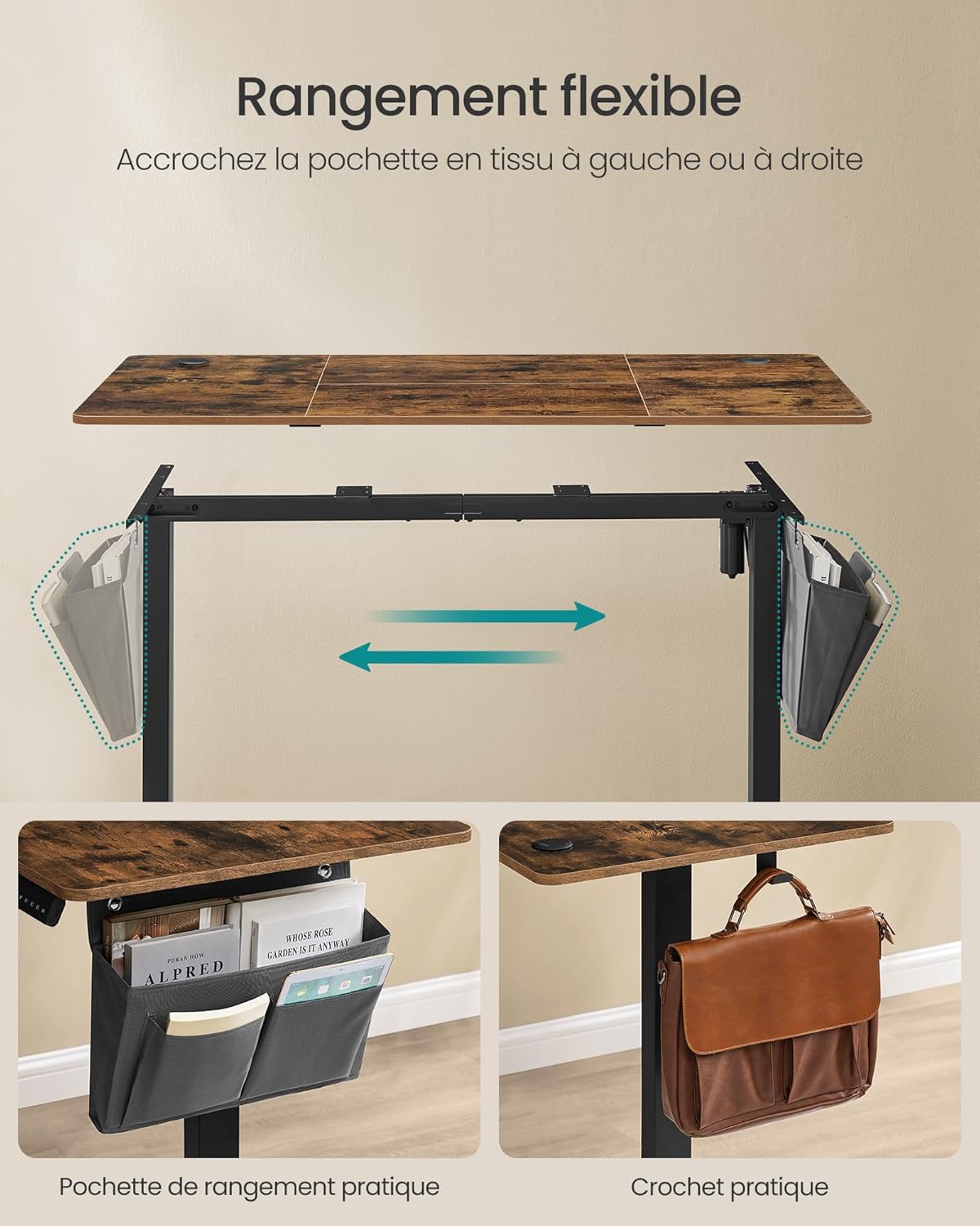 SONGMICS - bureau électrique réglable - 140x60 cm - mémoire 4 hauteurs, assis-debout, marron/noir - LSD134K01