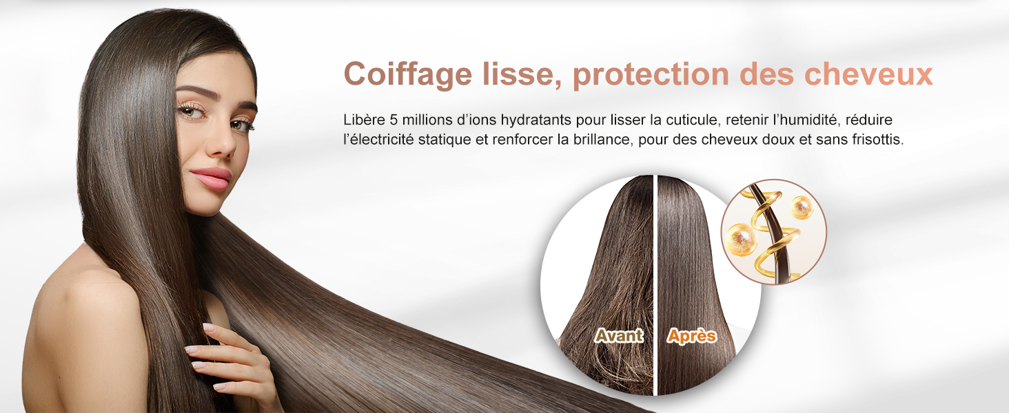 Le texte se lit comme suit : « Coiffage lisse, protection des chevaux ». Démonstration de produits de soins capillaires montrant les résultats avant et après avec des cheveux lisses et raides et un contenant de produit.