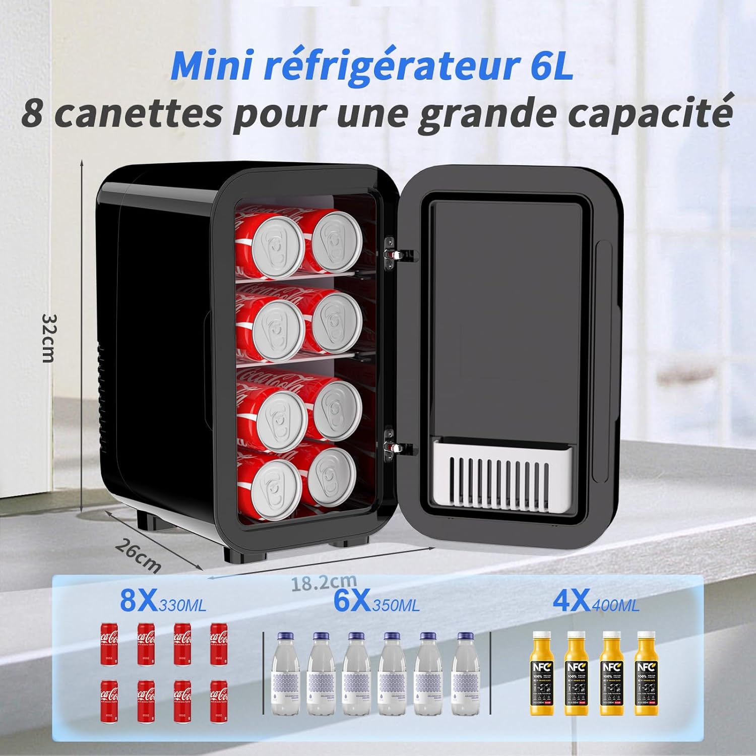 YASHE - mini réfrigérateur 6L/8 canettes, portable, AC/DC, noir