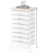 SYKIARIOL Chariot de salle de bain à roulettes avec 8 tiroirs, chariot à tiroirs avec plateau en bois...