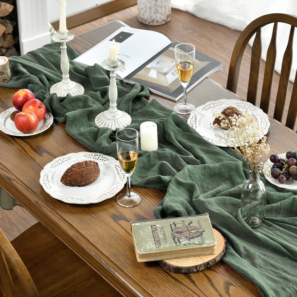 Artoid Mode - Lot de 6 chemins de table - 300 cm - mousseline bohème vert forêt, pour mariage et fête