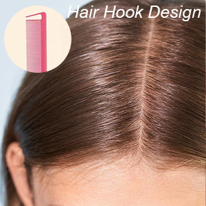 illustré à côté d'un gros plan d'une partie des cheveux d'une femme. Le texte « Hair Hook Design » est visible. L'outil semble conçu pour une séparation ou un coiffage précis des cheveux