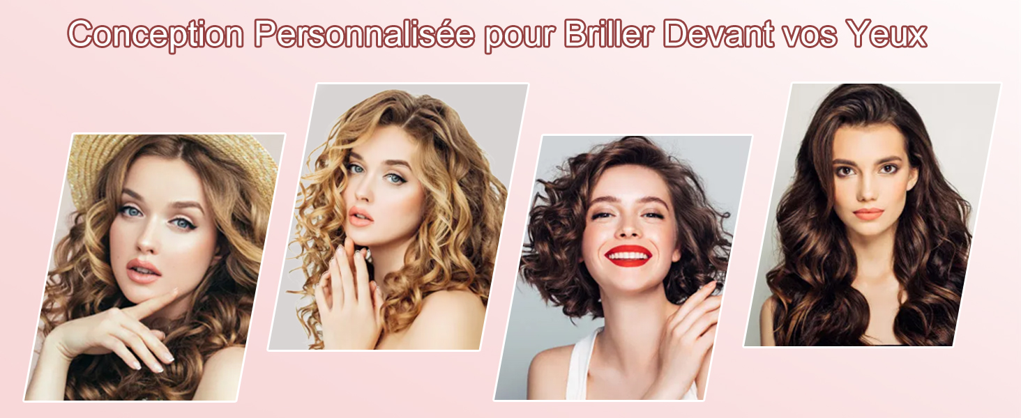 Quatre portraits de femmes aux coiffures différentes, présentant différentes textures et styles de cheveux bouclés et ondulés.