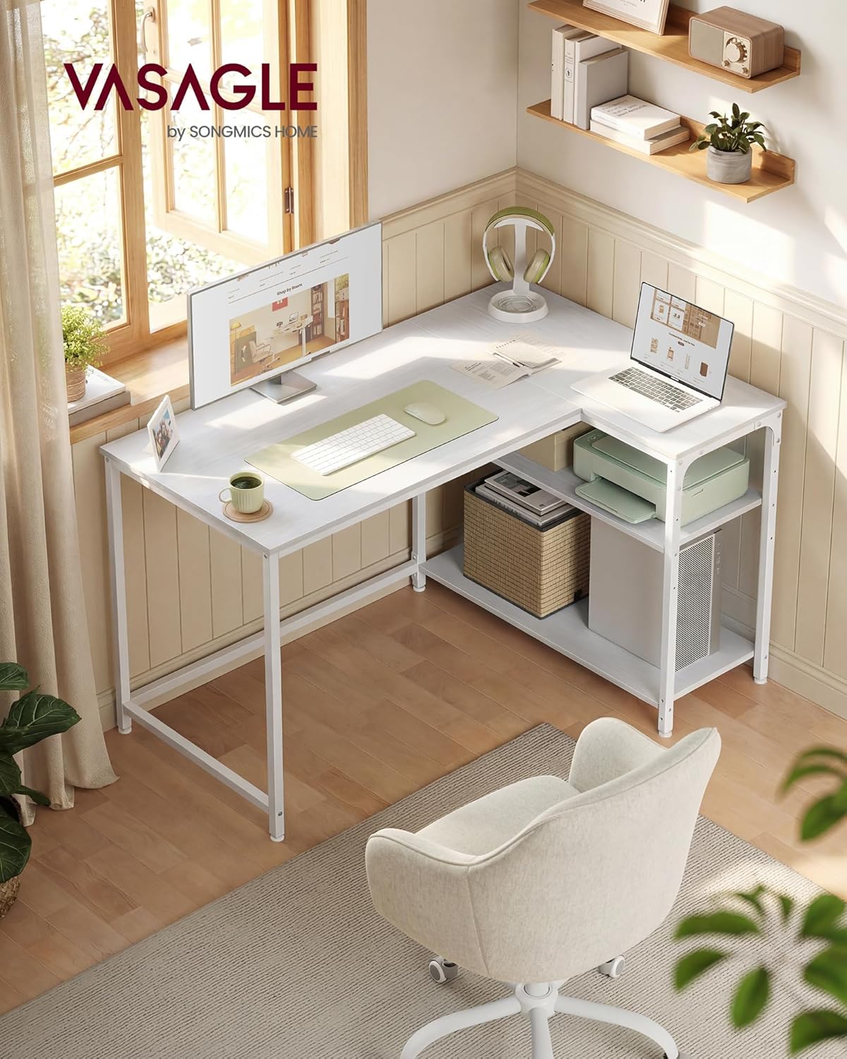 VASAGLE - Bureau en L avec rangement, étagères réglables, 110x80 cm, LWD135WF01