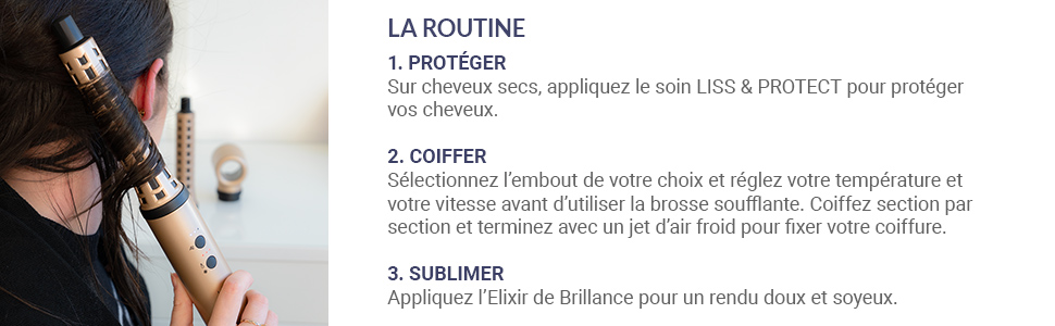 en français, comprenant trois étapes : « Nettoyer », « Corriger » et « Sublimer ». Différents contenants de produits de beauté visibles en arrière-plan.