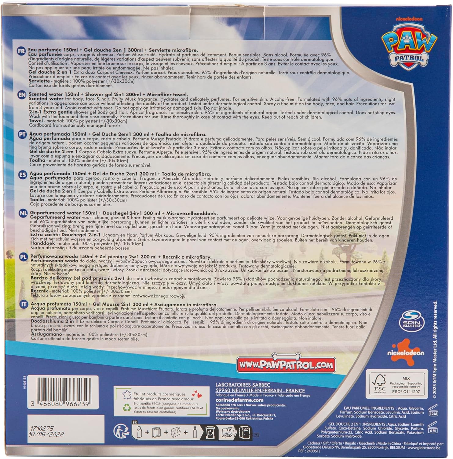 Corine de Farme - Pat Patrouille - 150ml/300ml/30x30cm - Eau parfumée musc fruité, gel douche 2en1 abricot, serviette, 9