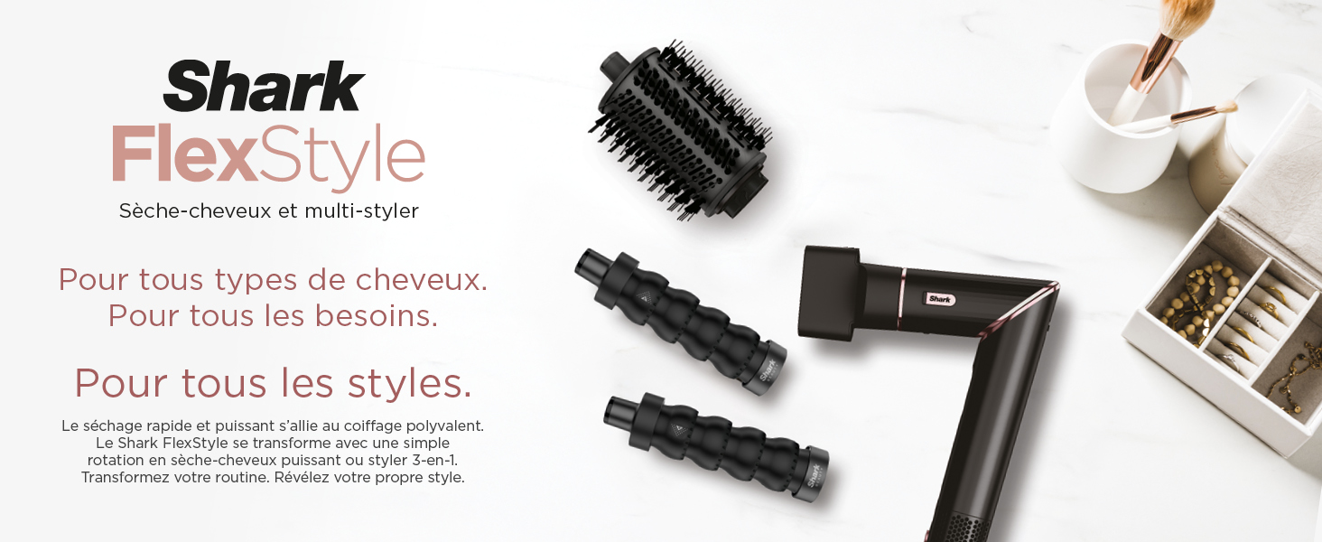 Le texte indique « Shark FlexStyle » et « Pour tous types de chevaux ». Collection d'outils de coiffure et de pinceaux disposés sur fond blanc.