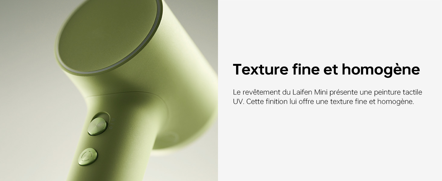 Le texte se lit comme suit : « Texture fine et homogène ». Images rapprochées du produit montrant une texture de surface lisse teintée de vert.