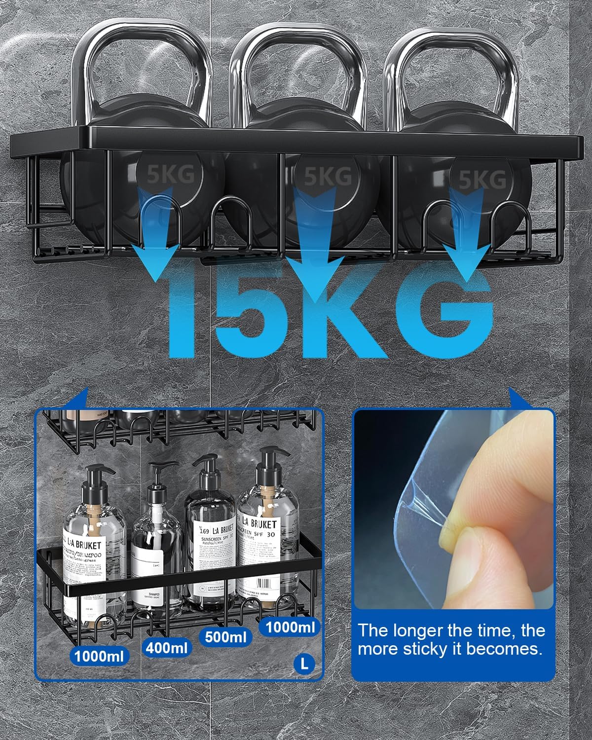 AceMining - Etagere Douche Noir - 3 Pack - Rangement adhésif, crochets, sans perçage