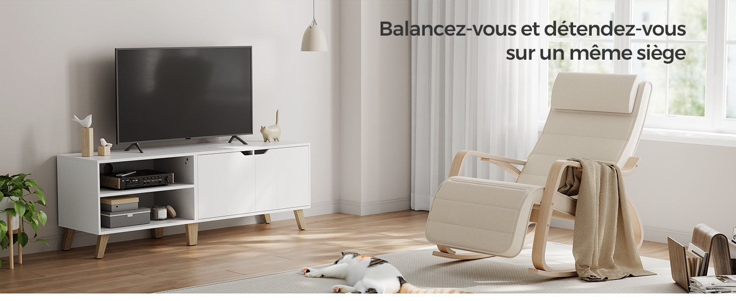 Salon avec fauteuil inclinable blanc, meuble TV et télévision. Texte en français sur la relaxation sur le même siège.