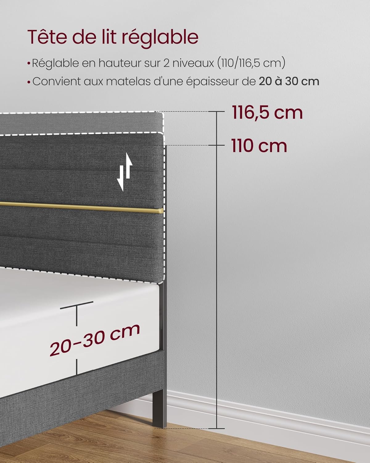 VASAGLE - lit double (série RMB) - 160x200 cm - tête rembourrée, métal, bois massif, gris ardoise - RMB505G01