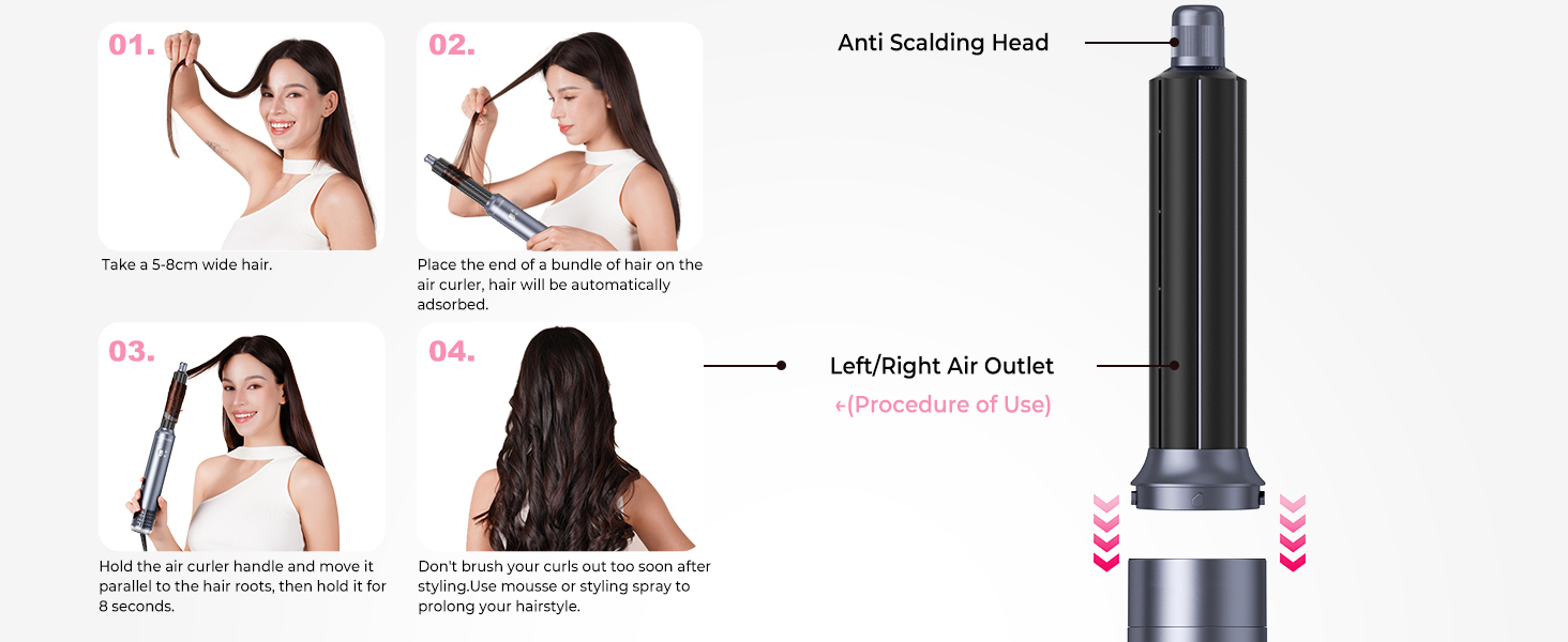 Images de démonstration séquentielles montrant différentes positions et techniques de coiffure à l'aide d'un outil de coiffage.