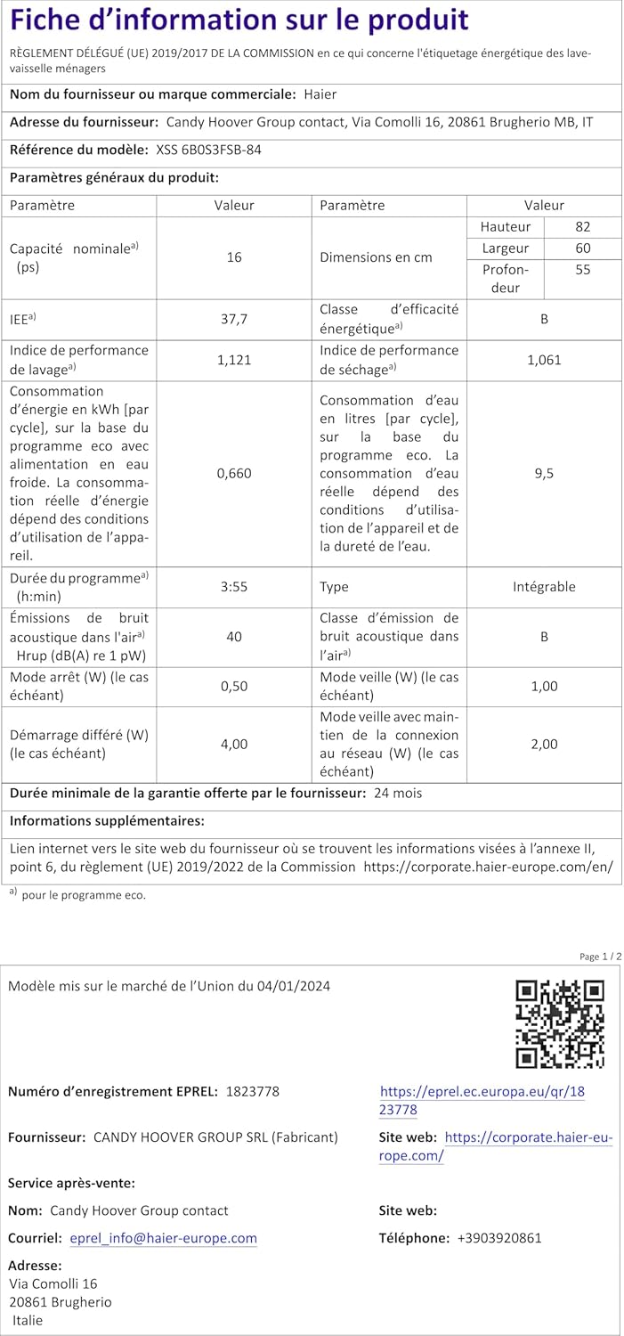 Haier - lave-vaisselle encastrable série XS - 60 cm - 6 programmes - XS6B0S3FSB