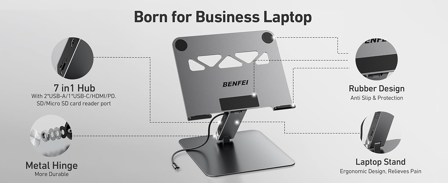 Support ajustable pour ordinateur portable avec charnière en métal, moyeu 7 en 1 et design en caoutchouc. Dispose d'un motif découpé et d'une hauteur extensible. Stand étiqueté « Born for Business Laptop