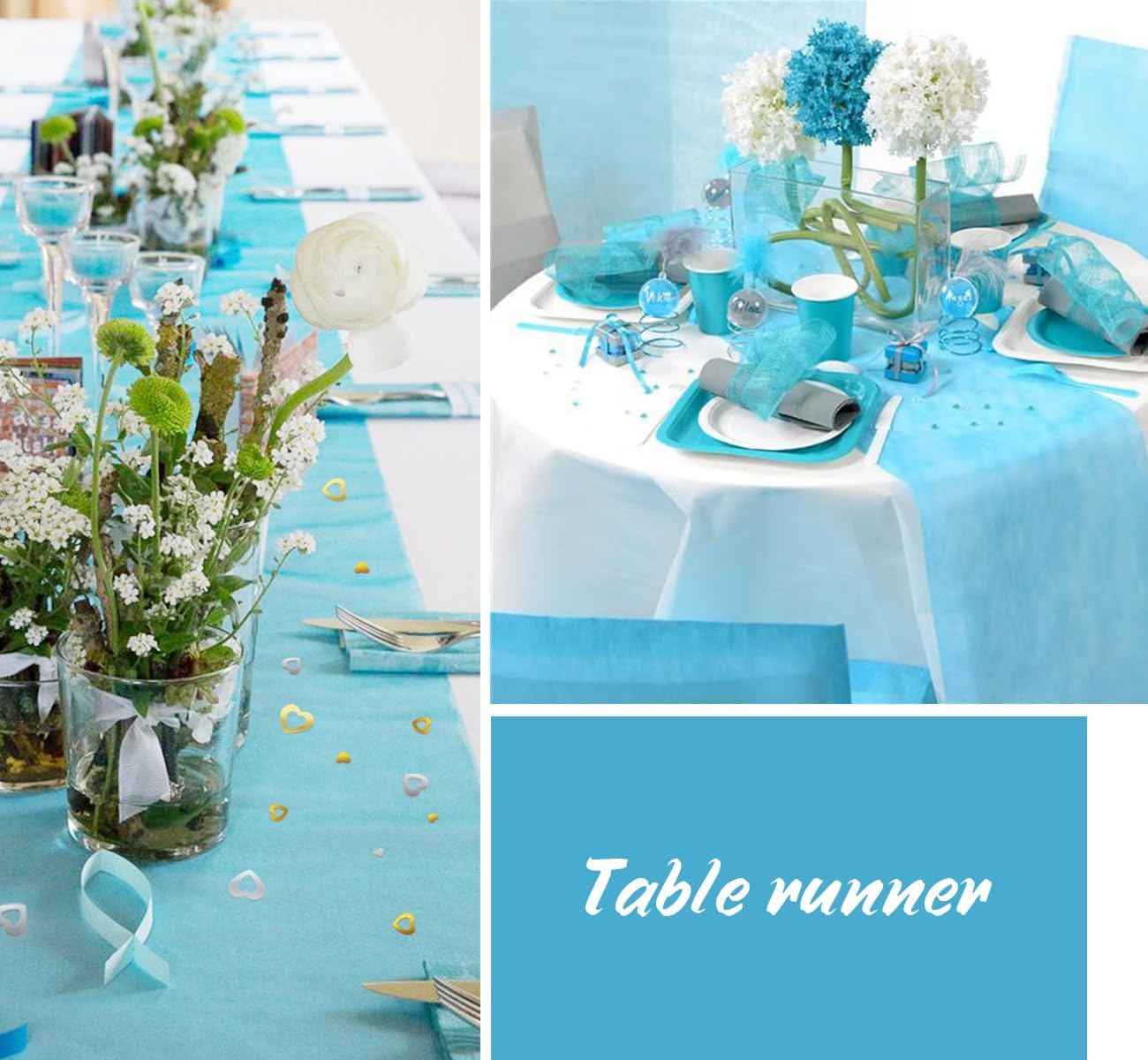 Chemin de table non tissé bleu 23x300cm, 150 cœurs décoratifs