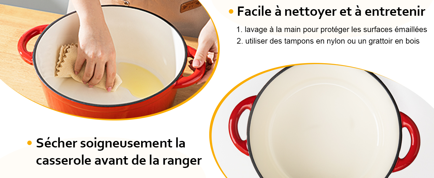 Marmite à rebord rouge avec intérieur crème illustrée en deux images illustrant les instructions de nettoyage et de séchage en texte français