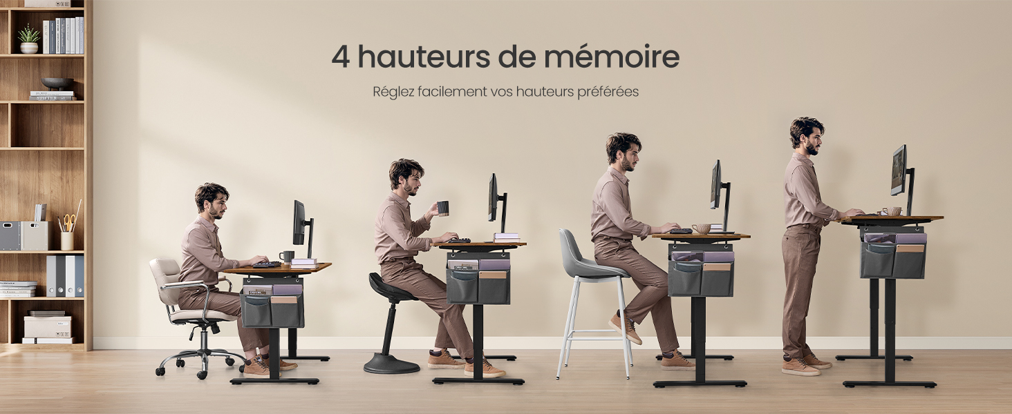 Démonstration de bureau réglable en hauteur montrant quatre positions progressives, de la position assise à la position debout, avec configuration d'un poste de travail informatique