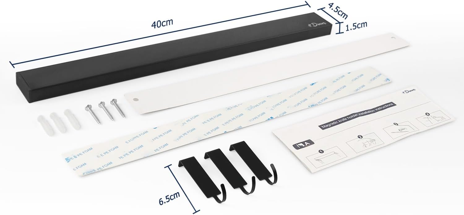 Dmore - porte-couteaux avec 3 crochets - 40 cm - aimant extra-fort, adhésif ou vis