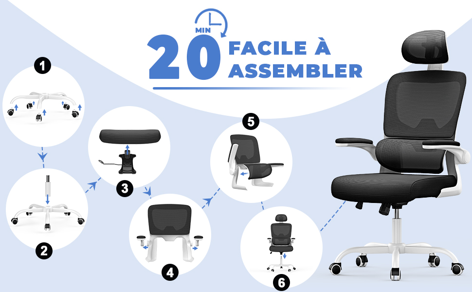 en 6 étapes. La chaise est dotée d'un appui-tête, d'accoudoirs et d'un soutien lombaire réglables. Le texte indique un temps de montage de 20 minutes.