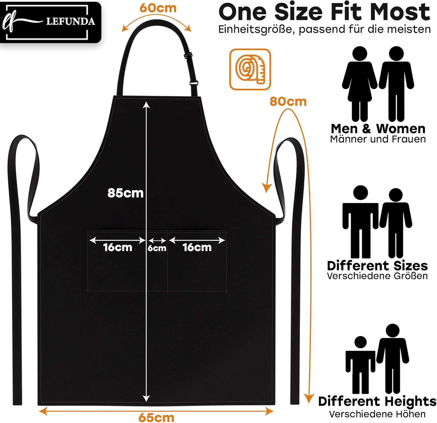 LEFUNDA - Tablier cuisine 3 poches - réglable, imperméable, longues lanières