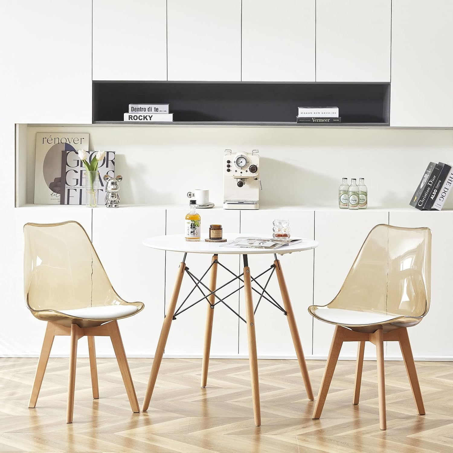 EGGREE - chaises scandinaves 2pcs - bois hêtre, coussin cuir, dossier transparent