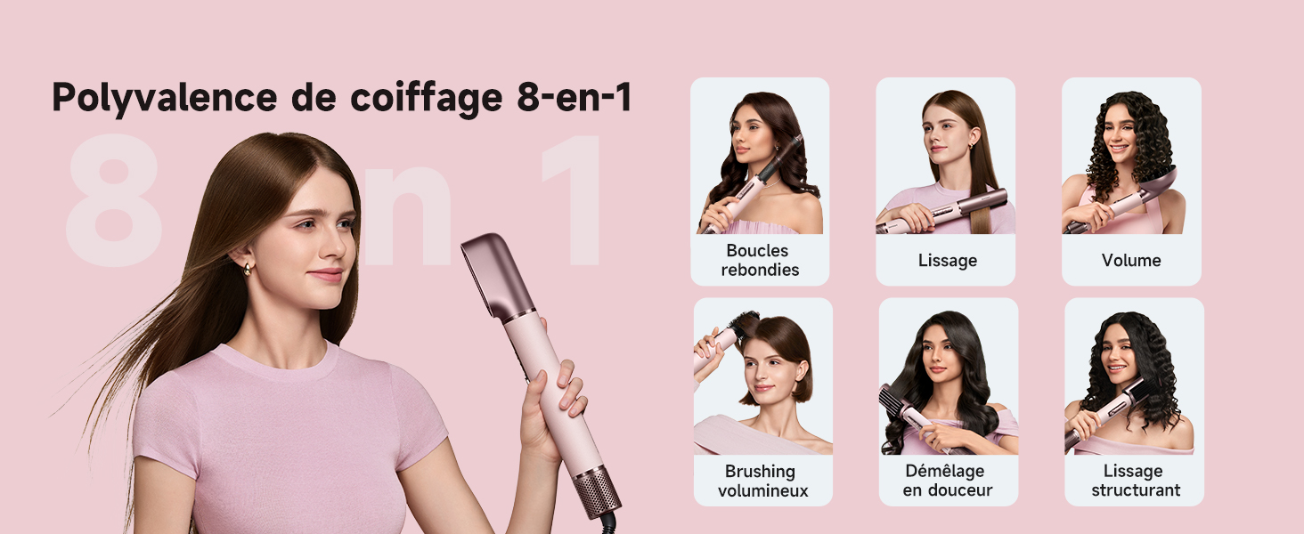 Le texte se lit comme suit : « Polyvalence de coiffage 8-en-1 ». Démonstration de coiffure montrant six variantes de coiffure différentes à l'aide d'un outil de coiffage sur fond rose.