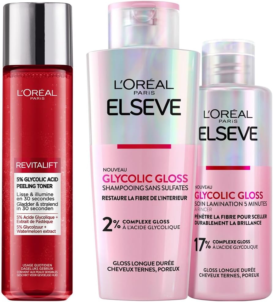 L'Oréal Paris - Elseve Glycolic Gloss - routine visage & cheveux - soins acide glycolique, lamination, exfoliant