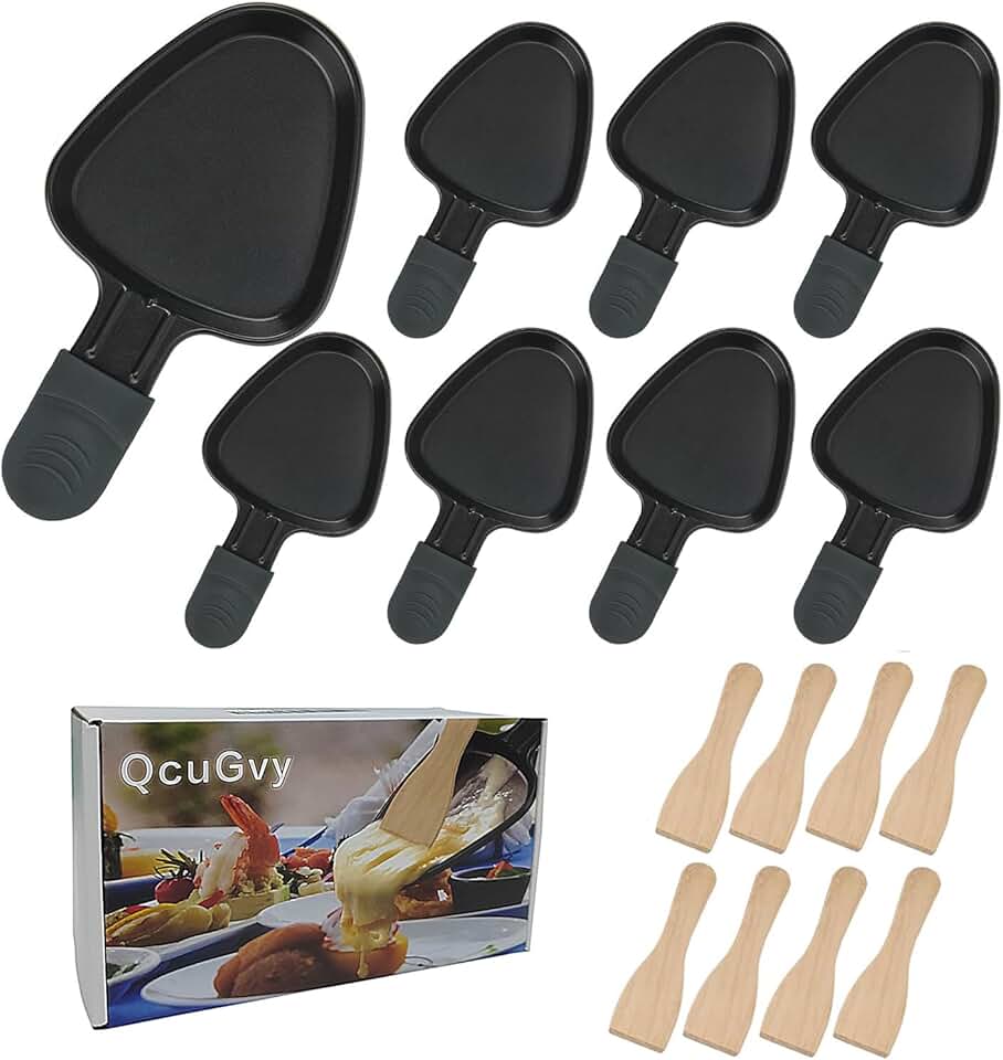 Poêle à raclette 8 parts - revêtement antiadhésif, poignées isolées, 8 spatules