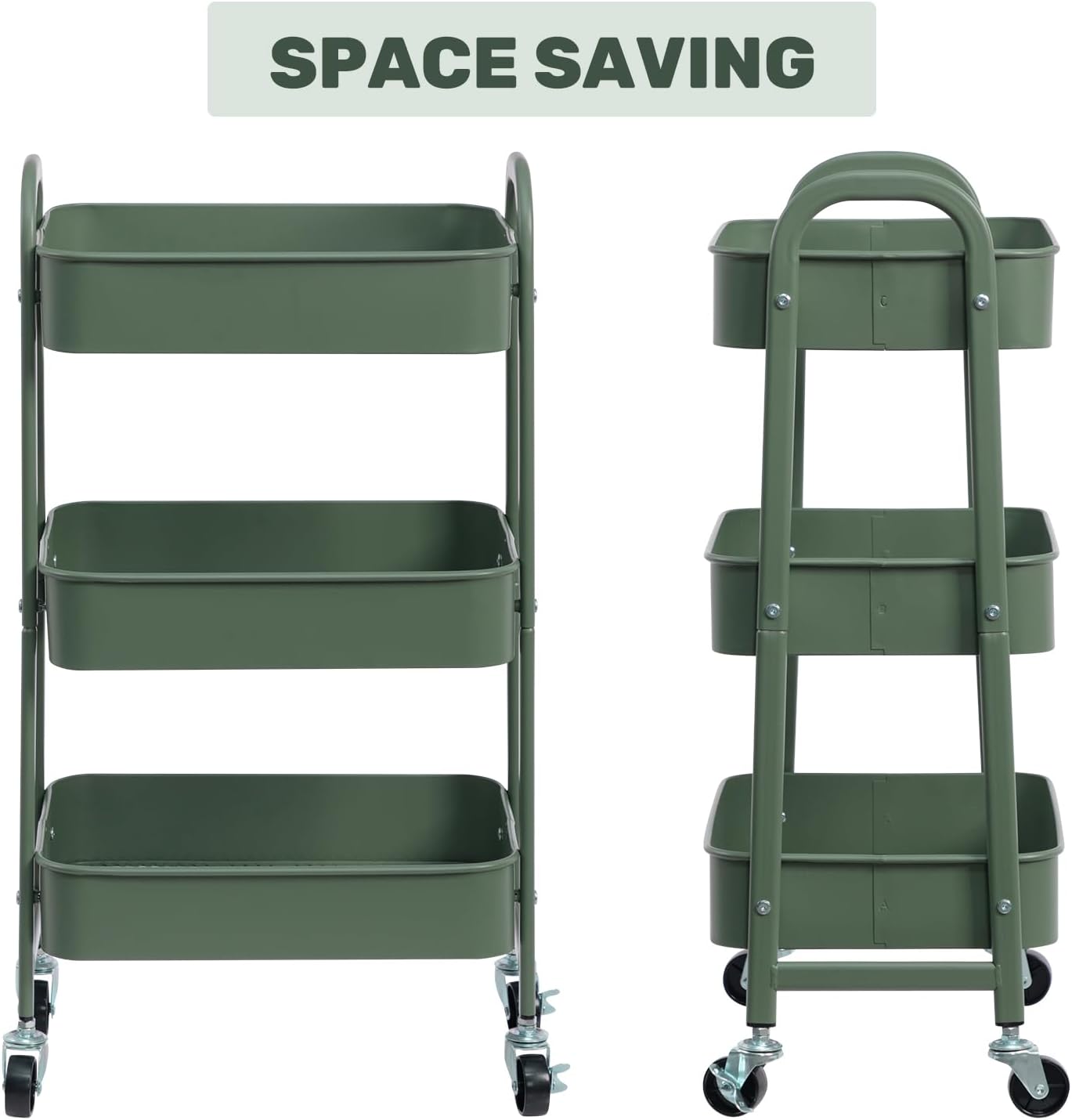 DOEWORKS - chariot à roulettes 3 niveaux métal, 43x36x86cm, vert herbe