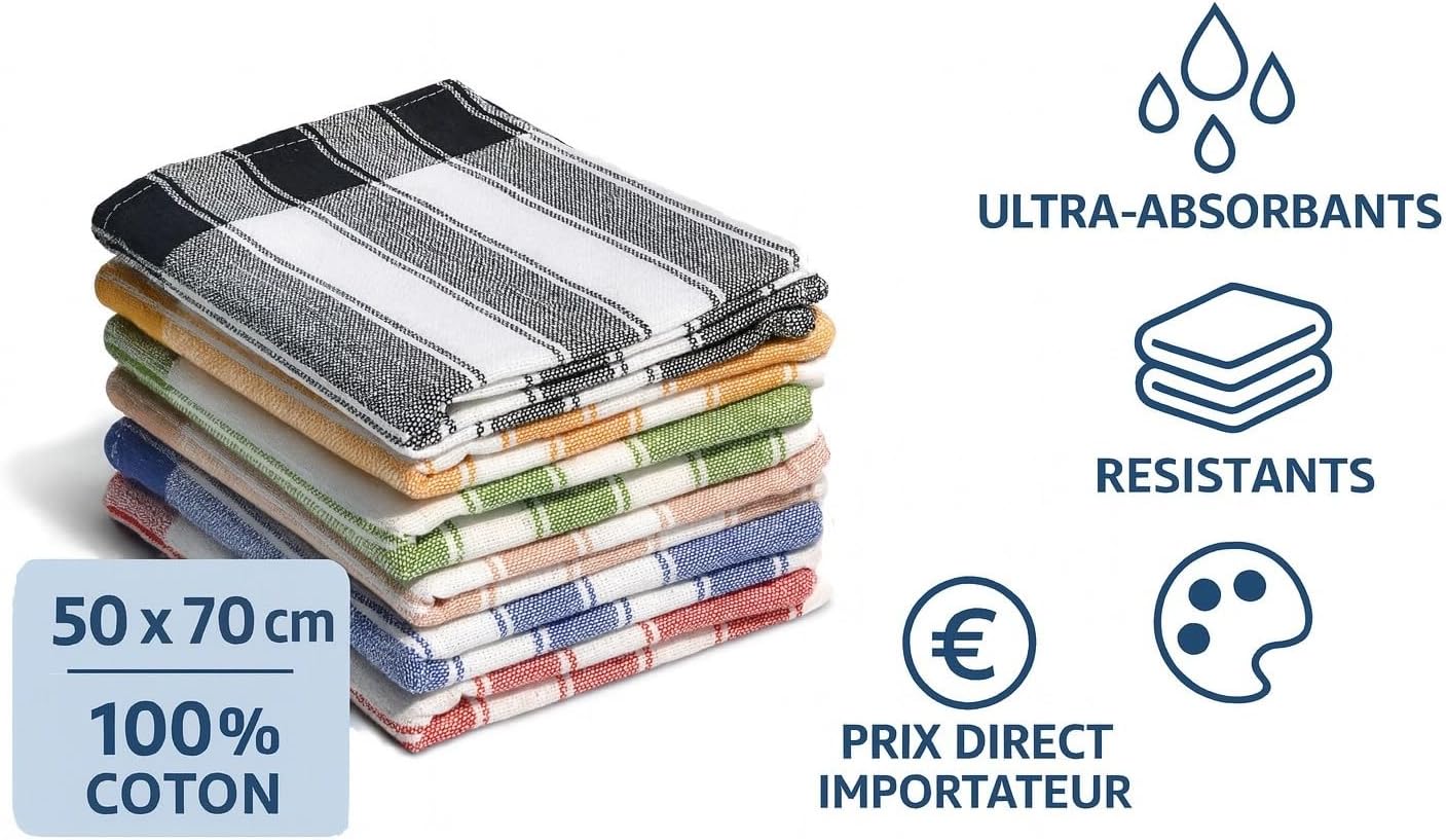Home Linge Passion - lot de 12 torchons - coton - absorbants multicolores