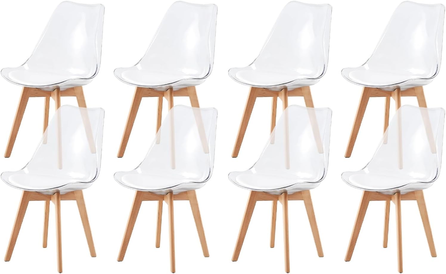 EGGREE - chaises scandinaves lot 8 - bois hêtre - coussin cuir blanc, dossier transparent, testées SGS