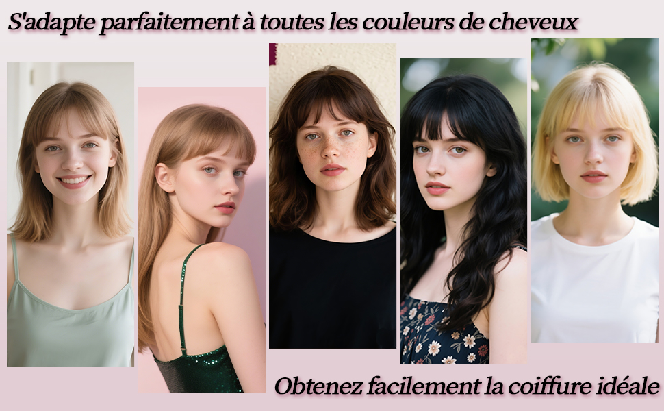 Le texte se lit comme suit : « Obtenez facilement la coiffure idéale ». Série de portraits de beauté montrant différentes coiffures et variations de style.