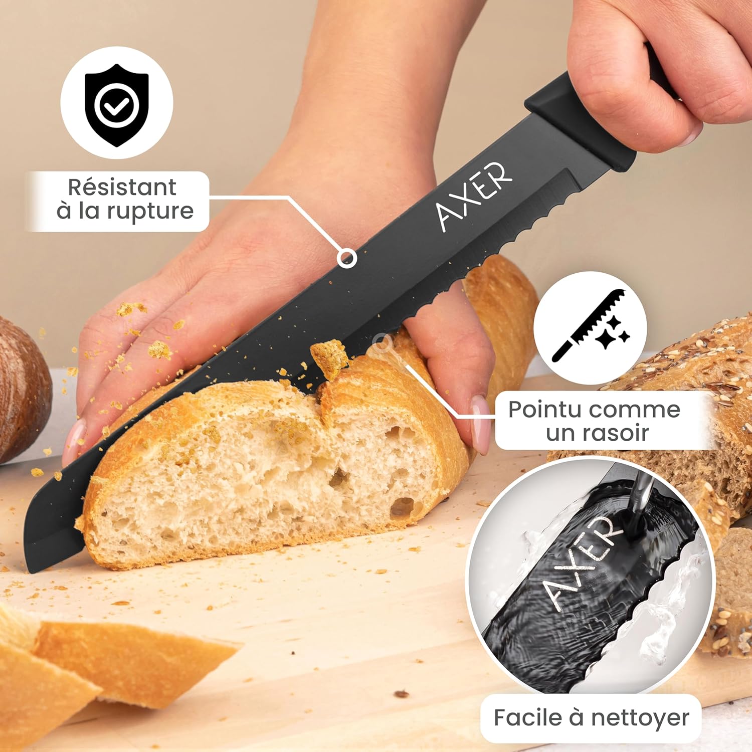 Couteau à pain - lame noire 20cm - étui inclus, livré en boîte