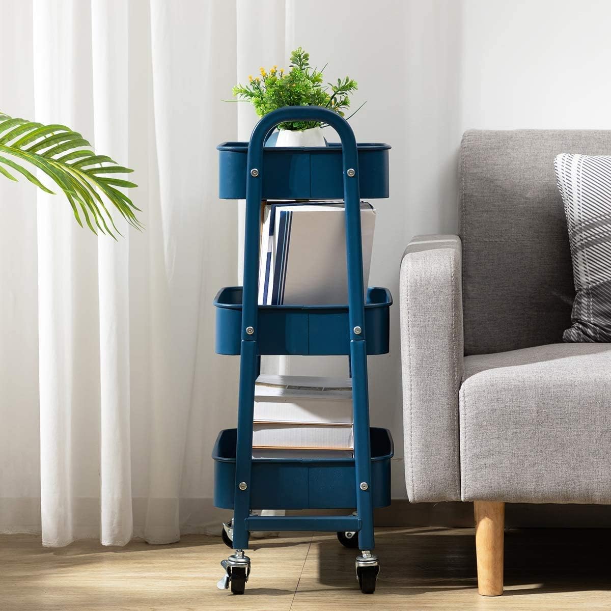 DOEWORKS - chariot 3 niveaux métal, roulettes, bleu, gain de place