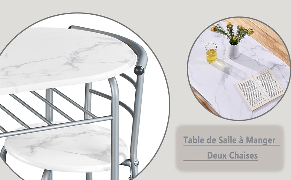 en marbre blanc avec structure en métal. L'image en médaillon montre une table avec des chaises, des documents et une plante dans une pièce lumineuse.