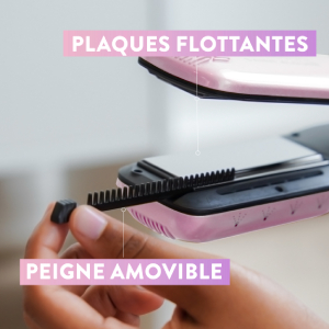 Le texte indique « PLAQUES FLOTTANTES » et « PEINTURE AMOVIBLE ». Série montrant l'interaction avec des composants d'appareils électroniques blancs et violets.