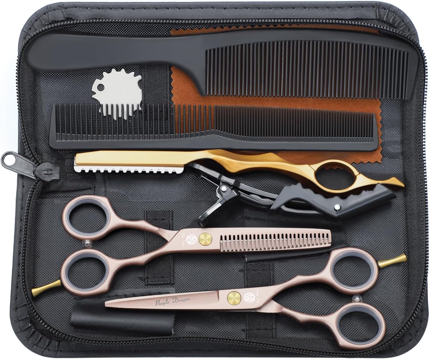 Kit de Ciseaux de Coiffure - 5,5 pouces - inox, peigne acier, or rose, pour cheveux, frange, barbe