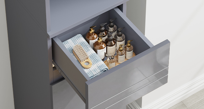 Système de tiroirs de rangement contenant une collection organisée de petites bouteilles ou de flacons, présentés sous plusieurs angles avec un mécanisme coulissant du tiroir.