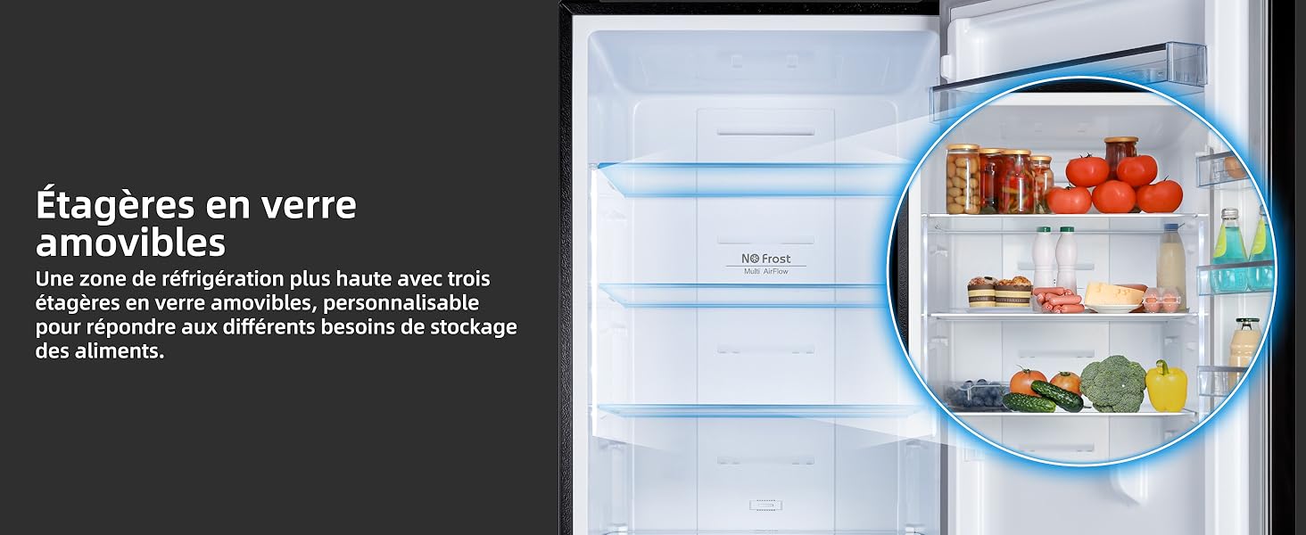 Intérieur du réfrigérateur avec étagères en verre. L'encart circulaire montre les produits alimentaires rangés sur des étagères. Le texte français décrit les étagères en verre amovibles.
