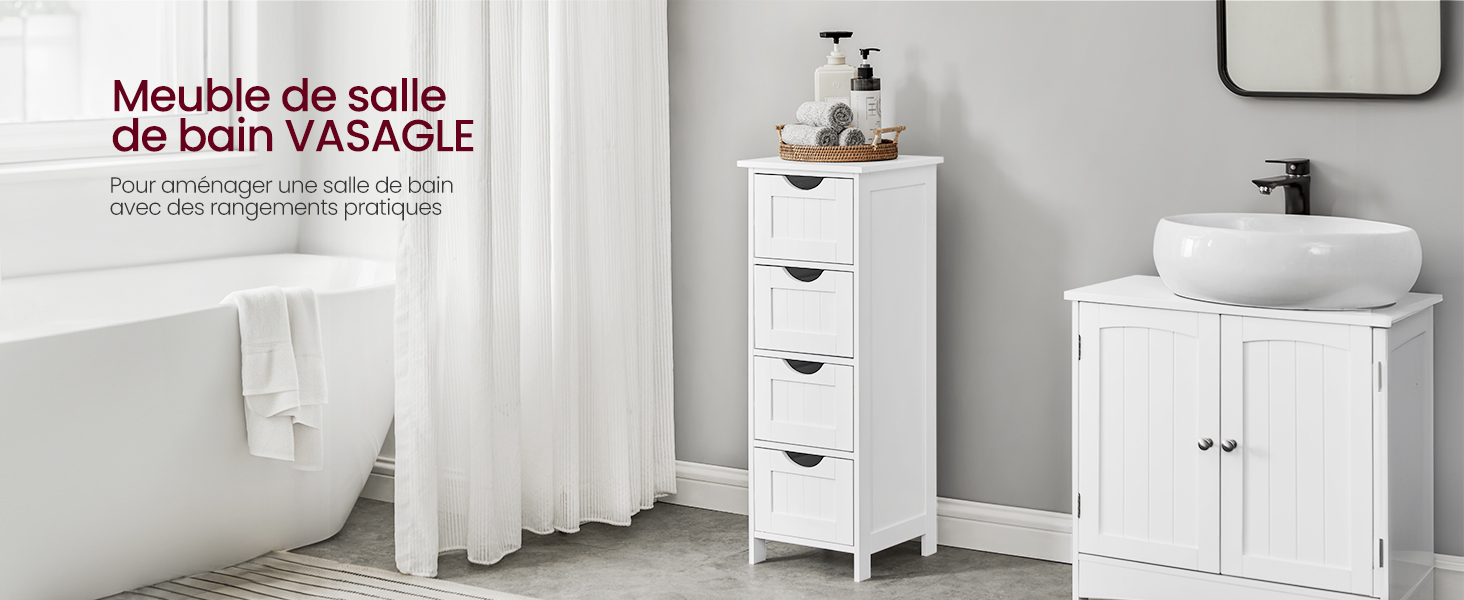 comprenant une armoire à tiroirs, un porte-serviettes et une baignoire autoportante. Texte en français décrivant le produit.