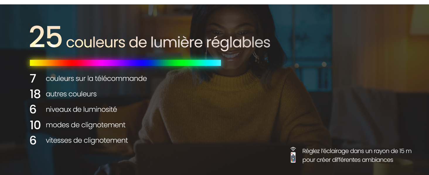 Le texte indique « 25 couleurs de lumière réglables » avec des indicateurs numériques supplémentaires « 7 », « 10 », « 10 », « 6 » indiquant différentes spécifications d'éclairage.