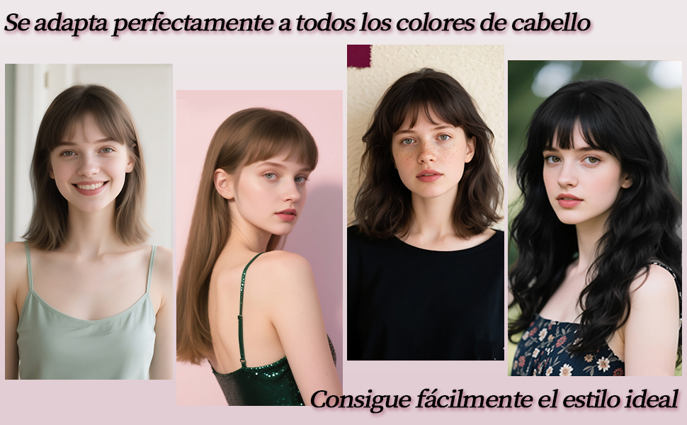 El texto dice «Se adapta perfectamente a todos los colores de cabello» y «Consigue facilmente el estilo ideal». La pantalla muestra cuatro ejemplos de peinados diferentes seguidos.