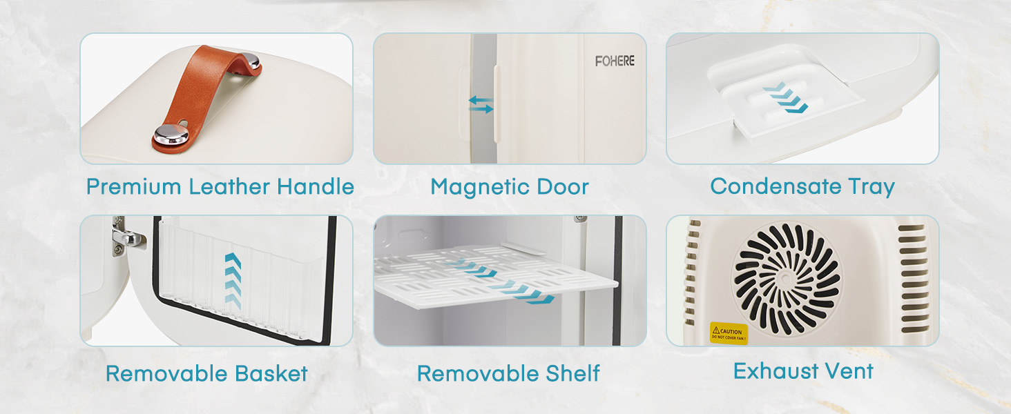 Image à six panneaux présentant les caractéristiques d'un appareil : poignée en cuir, porte magnétique, bac à condensat, panier amovible, étagère et