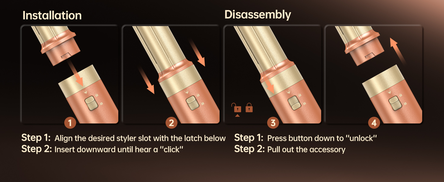 Le texte indique « Installation » et « Démontage ». Panneaux d'instructions étape par étape montrant les mouvements de la main pour installer et retirer un produit.