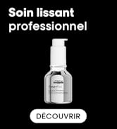 Le texte se lit comme suit : « Soin lissant professionnel » et « DECOUVRIR ». Publicité en noir et blanc montrant une bouteille en verre avec distributeur à pompe.