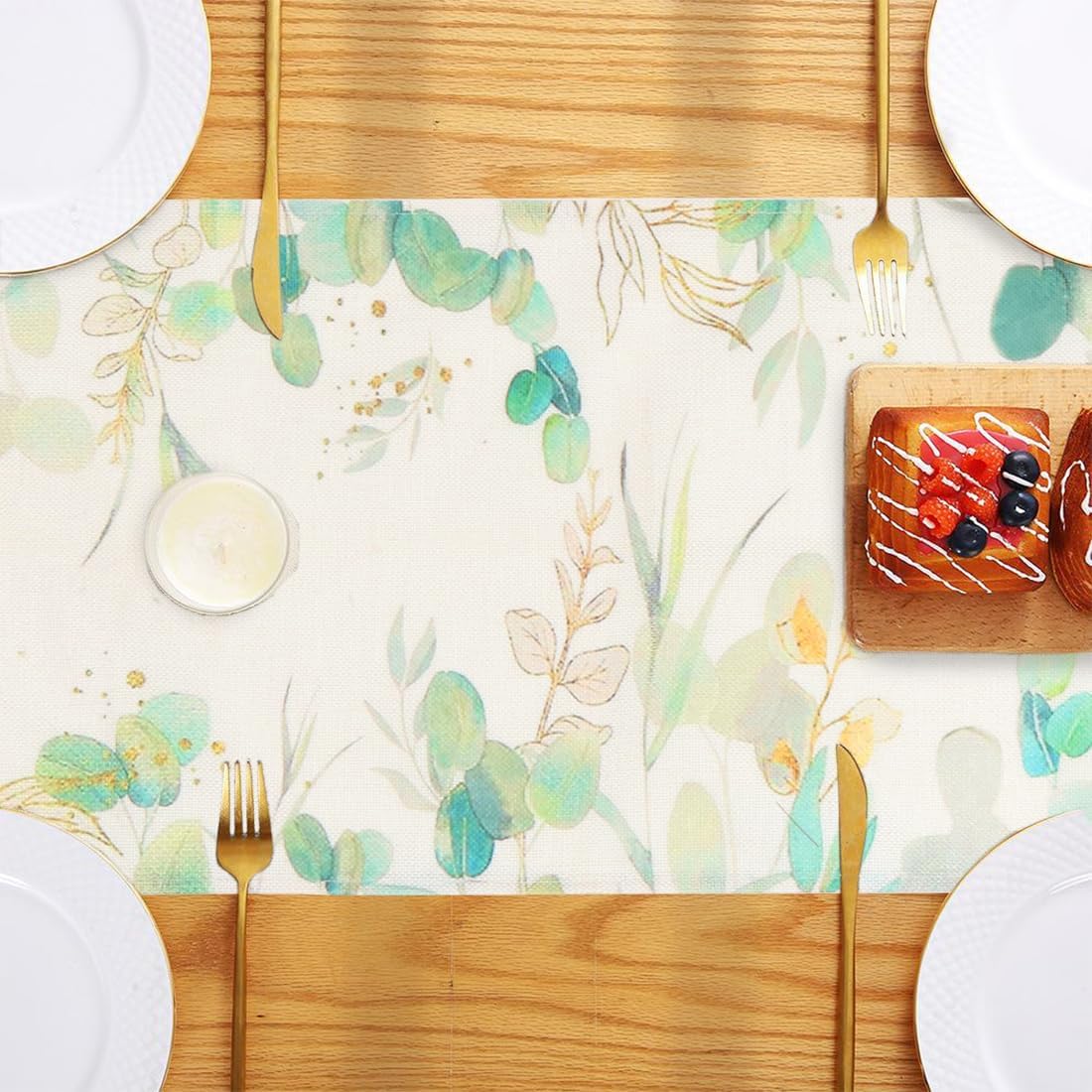 Chemin de table - imprimé feuilles vertes - 33x180 cm - lavable, déco cuisine et salon