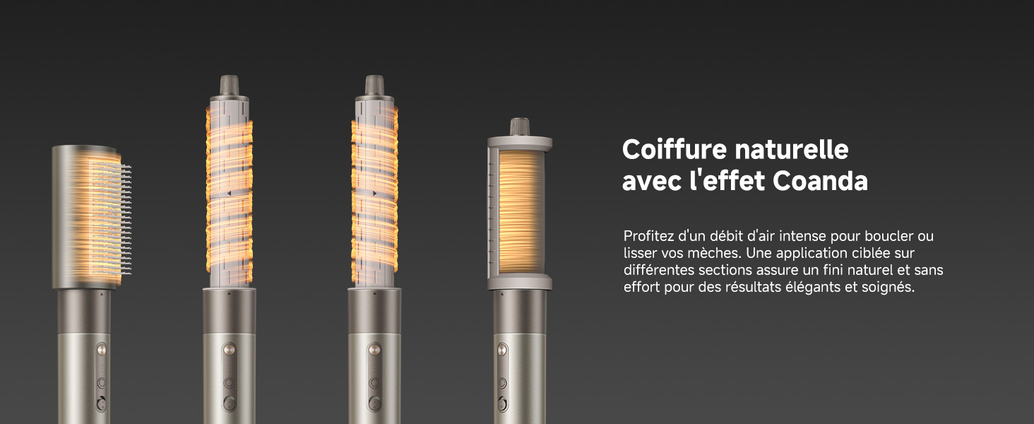 Le texte indique « Coiffure naturelle ». Série de flacons de produits présentant des produits de soins capillaires axés sur le coiffage naturel, présentés sur un fond sombre avec un éclairage d'ambiance.