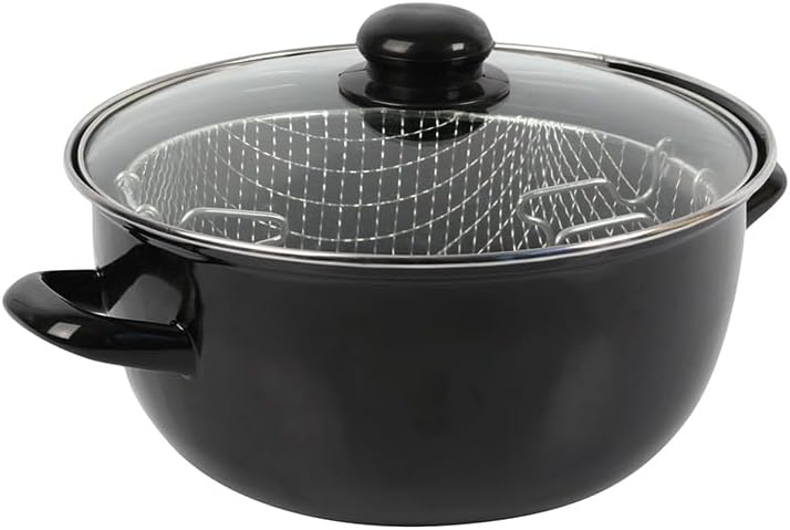 Crealys - Friteuse traditionnelle - Ø26 cm - Acier émaillé, panier, couvercle verre, tous feux induction - 545413