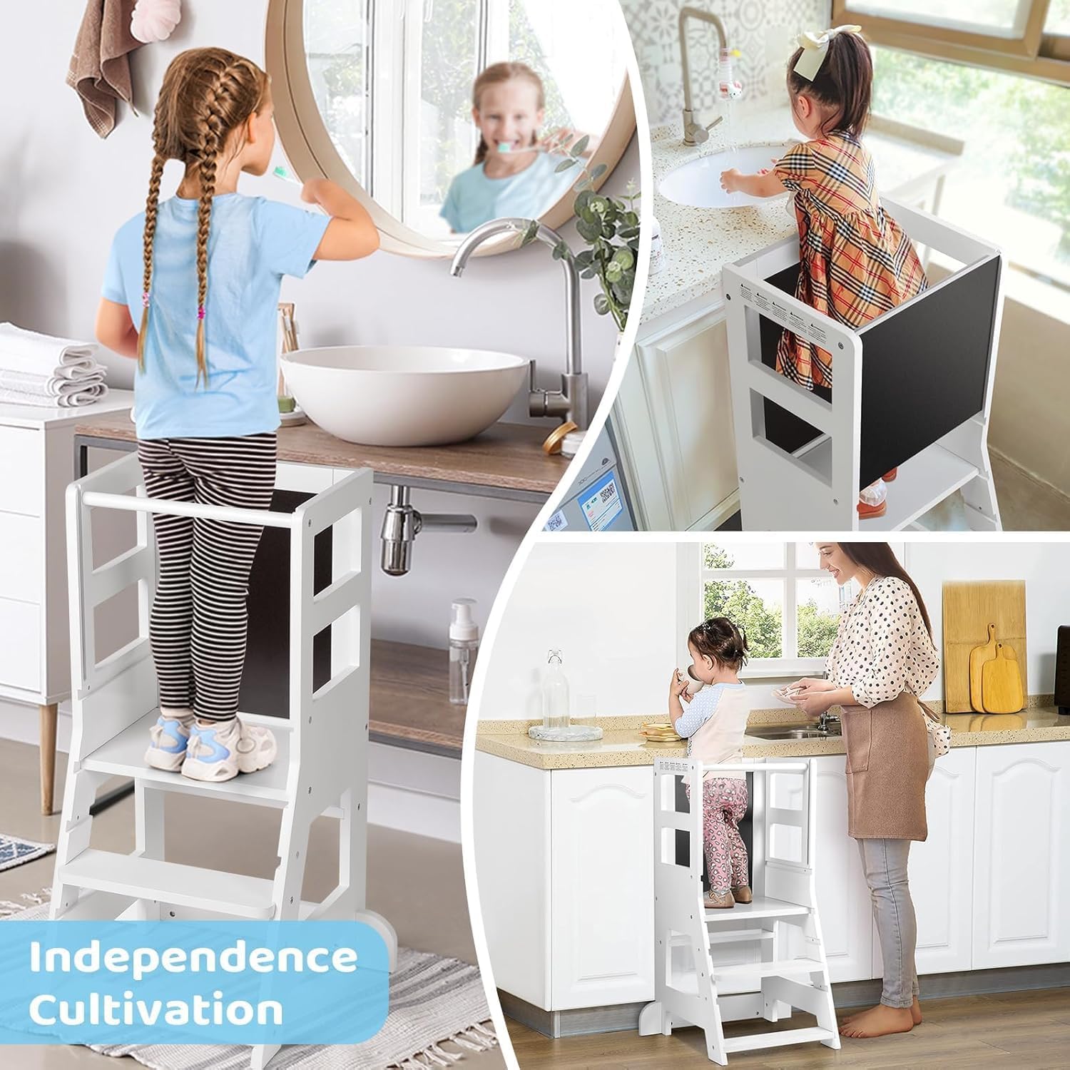 KIDINIX - tour Montessori 3 hauteurs - blanc - tableau magnétique et craies - KIDINIX