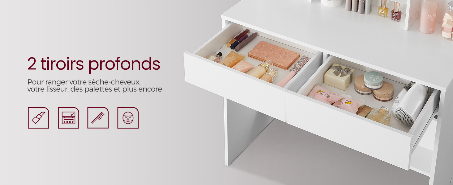 un tiroir blanc avec des tiroirs et une table blanche avec une superposition de texte sur laquelle on peut lire « produits essentiels, maquillage, maquillage et produits de beauté ».